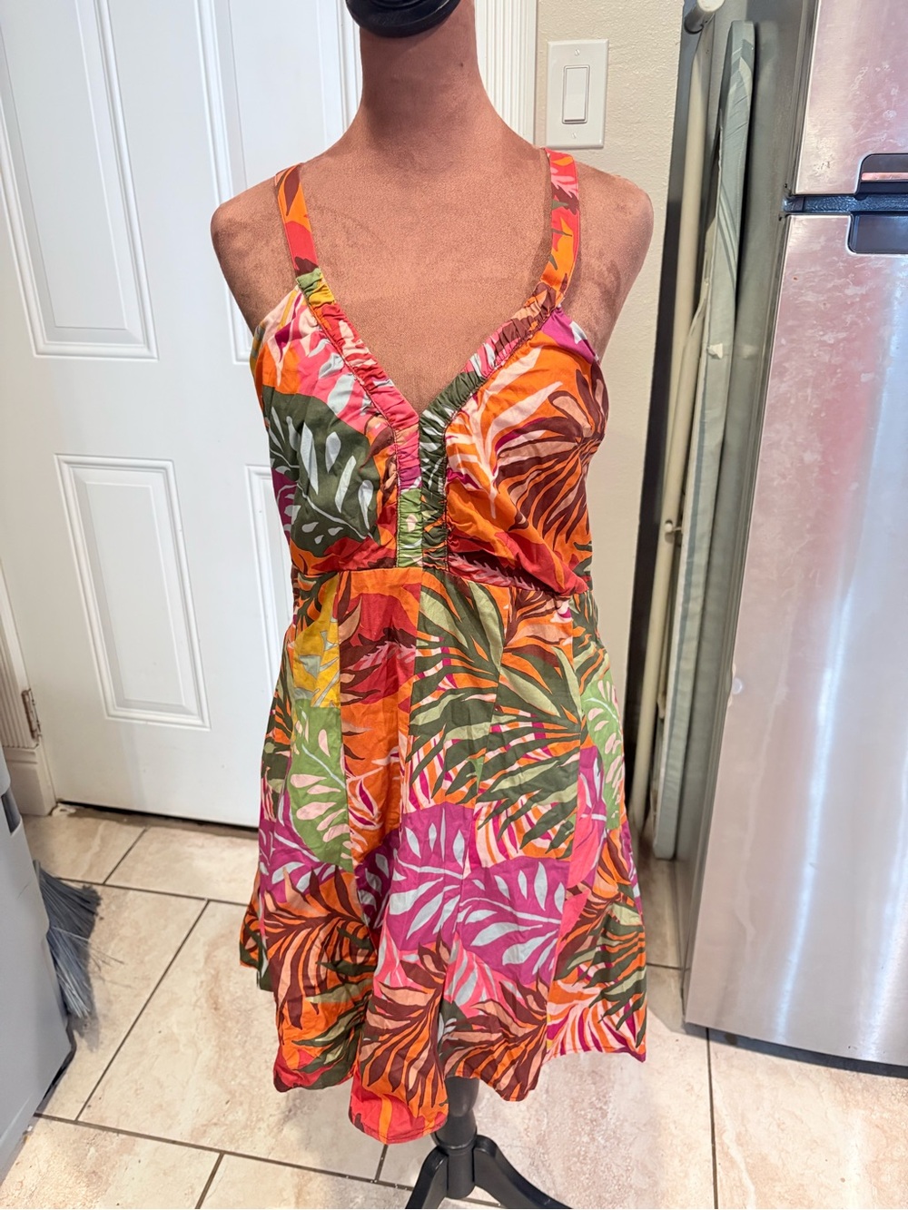 Anthropologie Tropical Print Mini Dress in Orange, Pink & Green